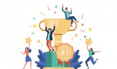 Team of happy employees winning award